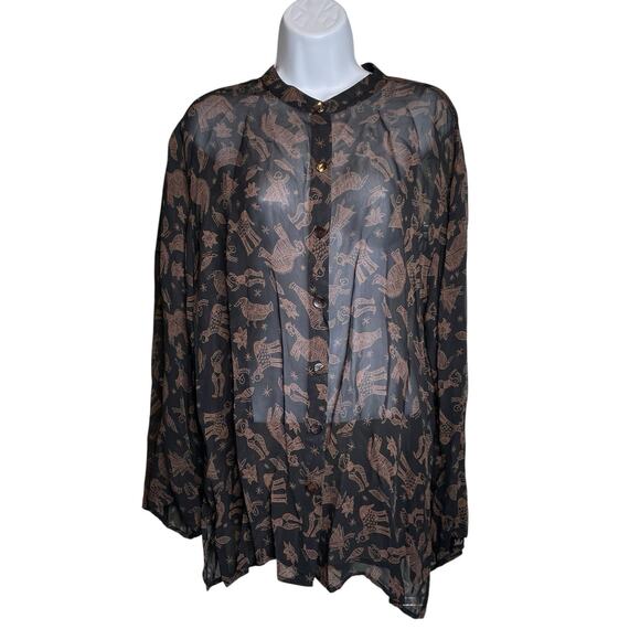 Chico's Women's Black Brown Sheer Animal Print Button Front Blouse Size 3 XL - Picture 1 of 11